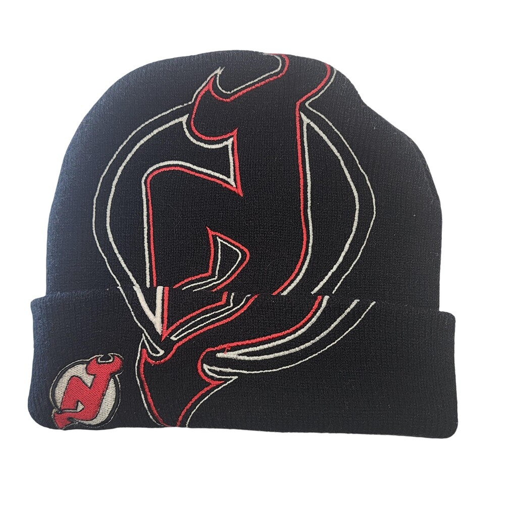 Vntg New Jersey Devils Hat Beanie One Size Black NHL Hockey Knit Cuffed Winter